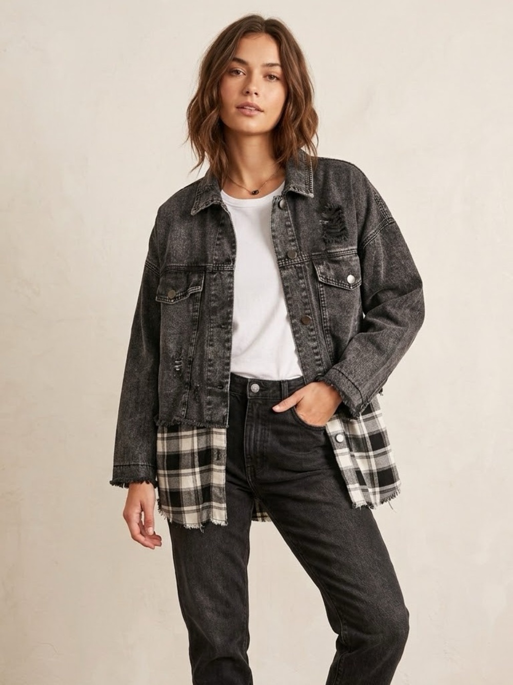Hayden Los Angeles Black Denim Plaid Mixed Media Distressed Shacket Size M/L